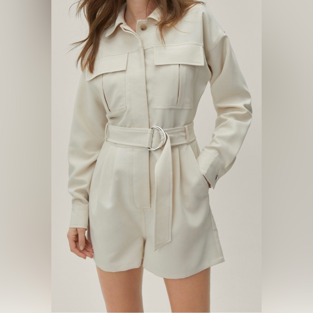 NastyGal beige Long-Sleeve Belted Jumpsuit